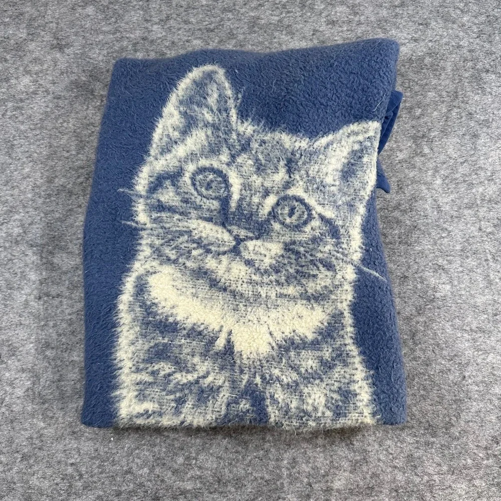 VTG Biederlack Cat Fleece‎ Blanket Throw Blue Cream Reversible Kitten 46x56